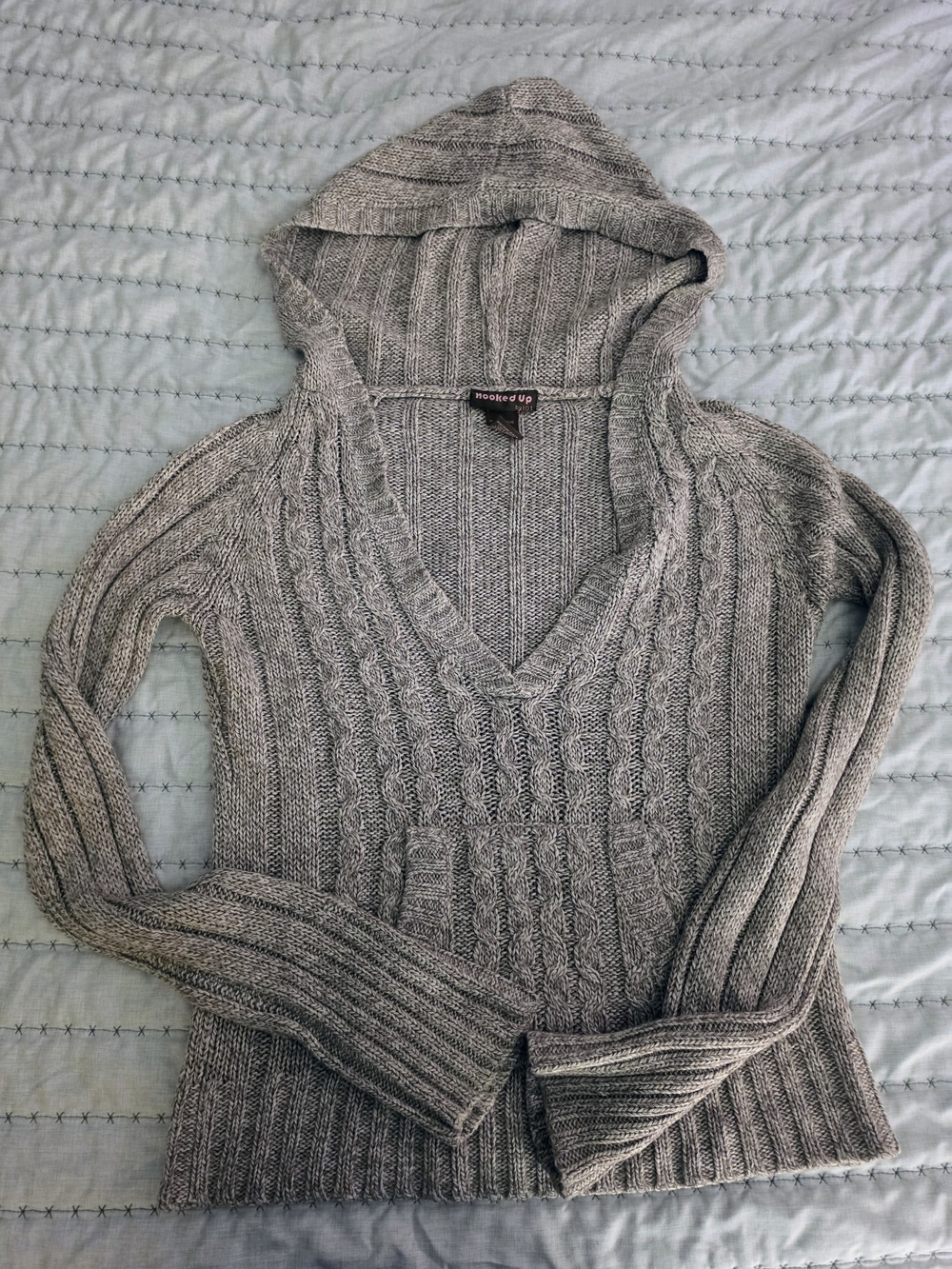 Hooked Up by IOT Gray Hooded Cable Knit V-Neck Sweater